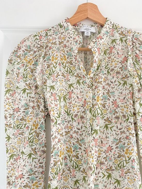 J. Crew White Multi Floral Puff-Sleeve Cotton Blouse - Picture 2 of 4
